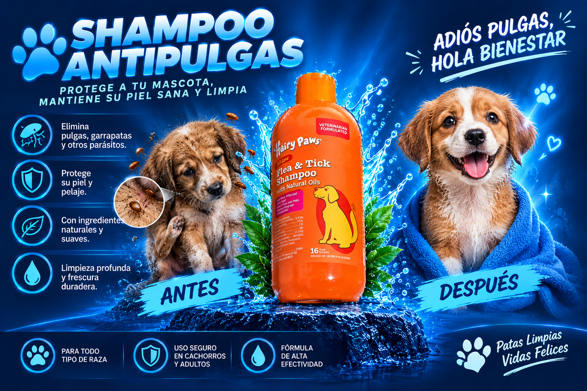 Shampoo Patitas felices elimina pulgas en una sola lavada